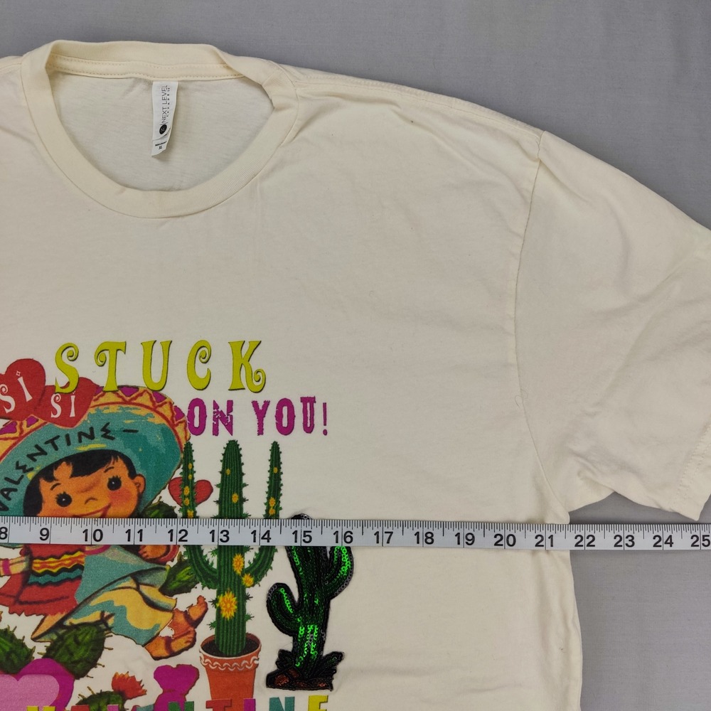 Next Level T-Shirt Mens XL Cream Stuck On You Valentine Retro Sequin Cactus Tee - Picture 5 of 6